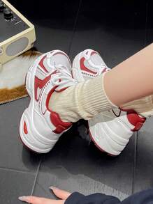 Neue Damen Lässig Sneaker, Chunky Sneaker, Schuhe, Weiße Schuhe, Paar Modelle, Runde Zehenkappe mit Schnürung, Mesh & Leder, Atmungsaktiv, Vielseitig, Muster & Graffiti, College Stil, Studentenschuhe, Outdoor Wandern Lässig Schuhe, Pendlerschuhe