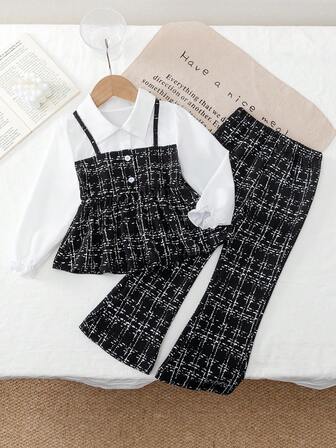 BASUSARRI Young Girls Elegant Fashion Outfit, Long Sleeve Top With Faux Strap Dress & Gathered Waist Bell-Bottoms For Casual Occasions