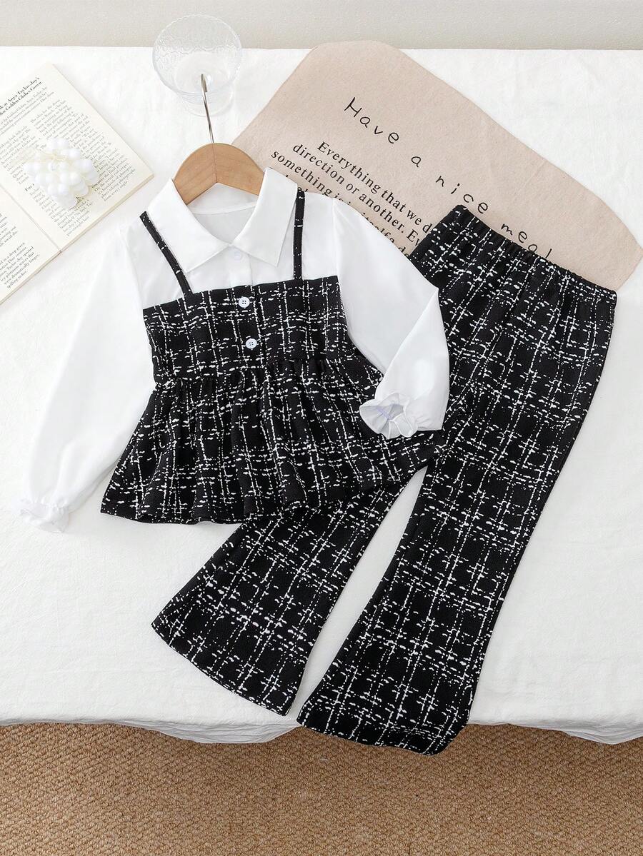 BASUSARRI 年轻女孩优雅时尚服装，长袖上衣搭配仿肩带连衣裙和收腰喇叭裤，适合休闲场合