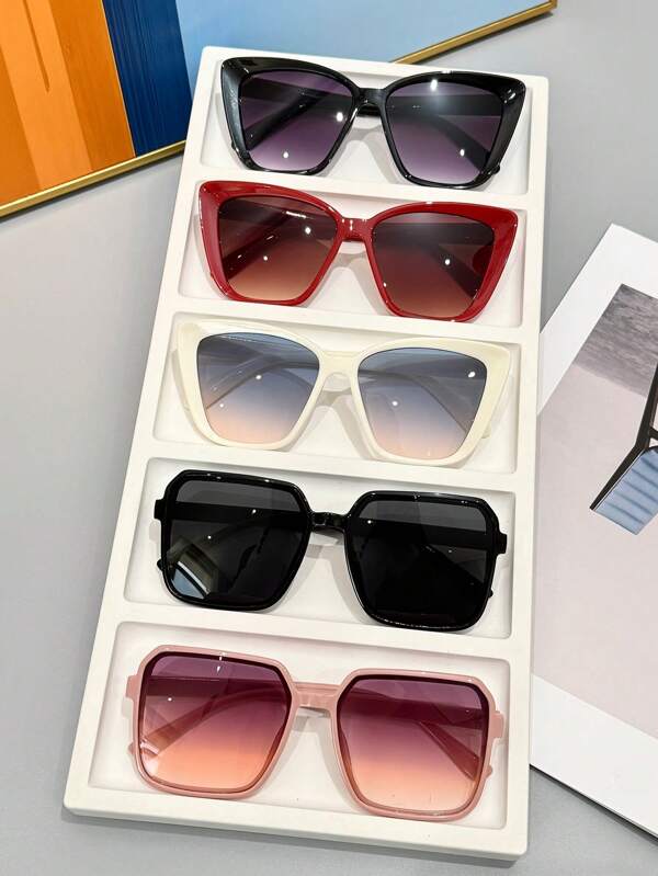 Set de 5 gafas de combinación de montura cuadrada y ojo de gato de gran tamaño, con marco de plástico y lentes de PC, combinación de colores clásica minimalista, accesorios de moda, gafas ligeras con lentes de alta calidad, unisex