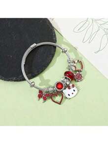 Sanrio Juego de 1 pieza, un lindo brazalete con colgante de estilo Hello Kitty con colgante de aleación y decoración roja, adecuado para uso diario y regalo - accesorios de joyería con temática de anime de moda sin chapado, adecuado para todas las estaciones.