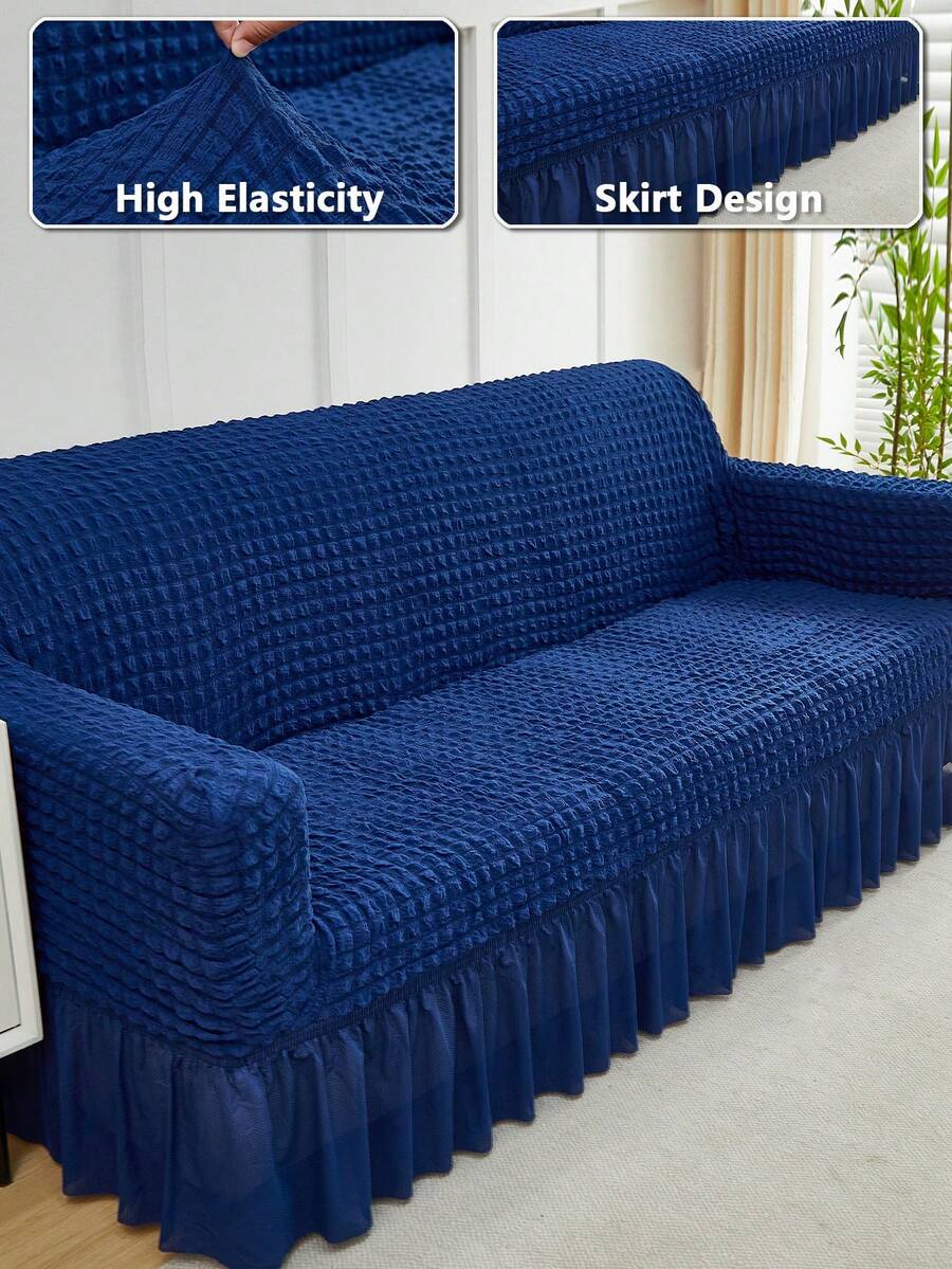 1 件纯色弹力沙发套柔软泡泡纱带裙边沙发套现代简约风格靠垫套客厅卧室户外沙发保护套 L 型组合休闲椅垫套 1/2/3/4 座位家居装饰沙发座套