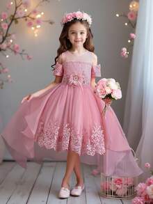 Vestido de princesa elegante con decoración de encaje y tul para niñas pequeñas, adecuado para concursos de belleza, niña de las flores, bodas, sin diadema - Rosa vieja - Ver 5