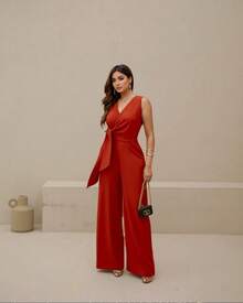 Long Wrap Jumpsuit With V-Neckline - Red - View 1