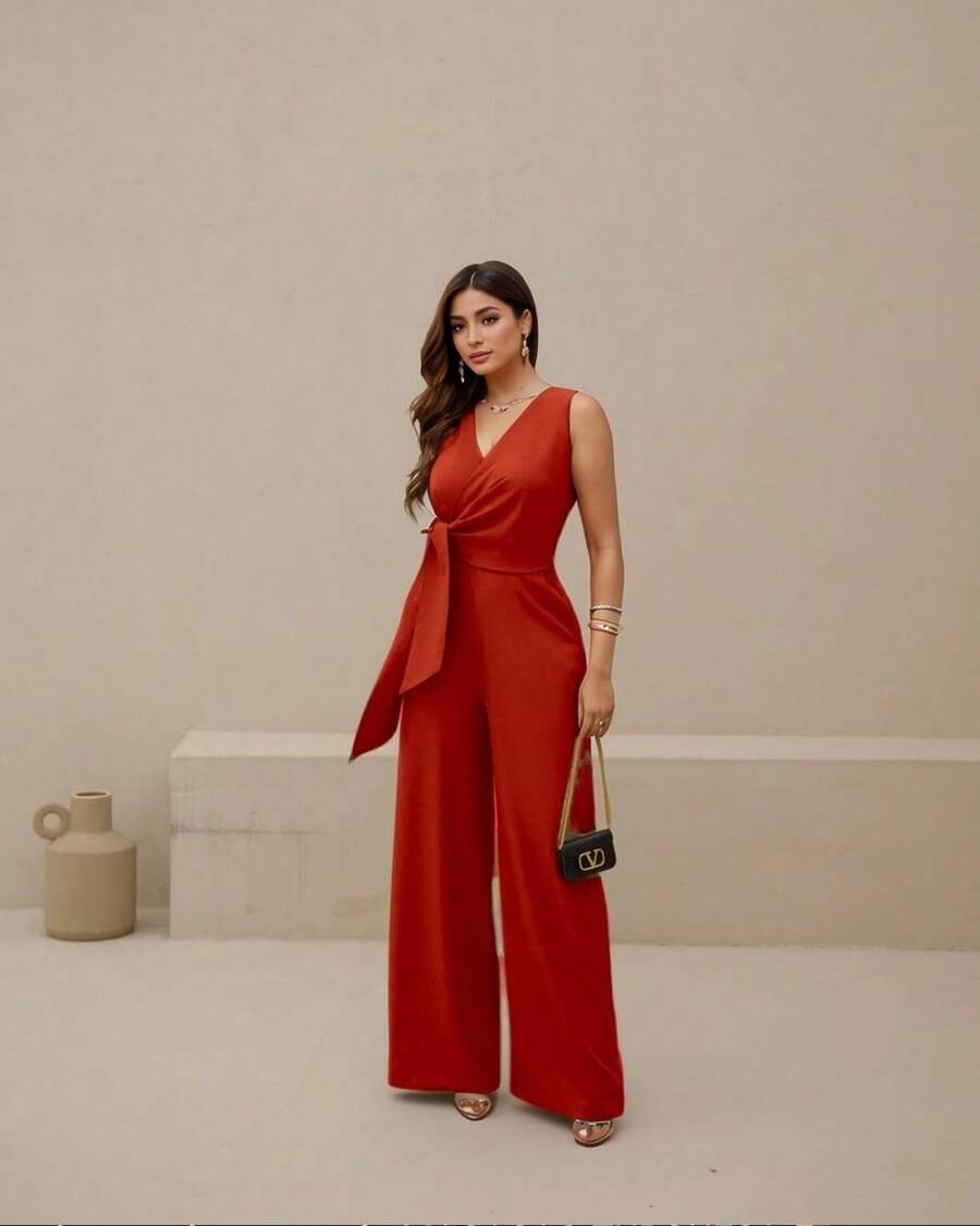 Long Wrap Jumpsuit With V-Neckline - Red - View 1