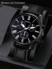 SOKI SOKI 1块男士时尚圆形石英表，PU表带，适合日常佩戴、生日派对、节日聚会、自用或送礼，不含礼盒。 - 黑色 - 查看 2