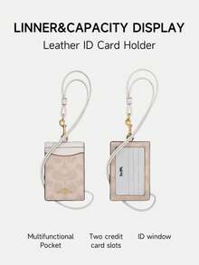 Coach Vertical Leather ID Badge Card Holder with Clear ID Window Credit Badge Holder with Two Credit Card Slots and Detachable Neck Lanyard Strap - 粉筆 - 查看 7