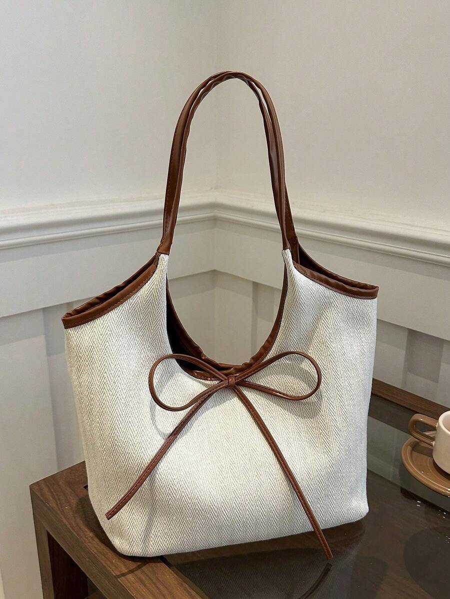 Geantă portabilă pentru femei cu arc, perfectă pentru facultate, afaceri, muncă, naveta, liceu, excelentă pentru birou, școală elementară, gimnaziu, liceu, muncă, stadion, sport, geantă de umăr cu capacitate mare - Bej - Vizualizare 1