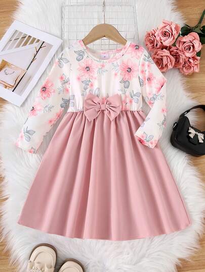 4-8 岁女童花卉印花优雅长袖连衣裙，适合日常穿着、派对或礼物
