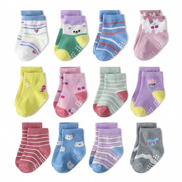 12 Pairs Baby Mid-Calf Socks, Anti-Slip Dotted Socks, Warm & Breathable, High Quality Socks For Autumn/Winter