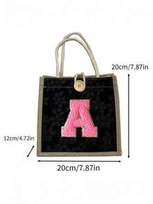 1 件毛巾刺绣首字母图案手提包，花卉印花亚麻手提包，小号花卉亚麻纽扣装饰手提包，简约大容量手提包，便携休闲收纳手提包，多功能购物袋，新设计，大容量，购物的理想选择，单肩包，手提包，午餐包，午餐盒，斜挎包