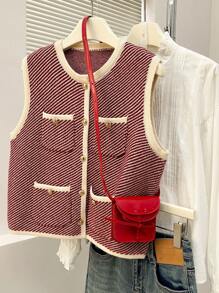 Alicedudu 女士秋冬优雅人字纹设计圆领开衫背心 - 紅白色 - 查看 1