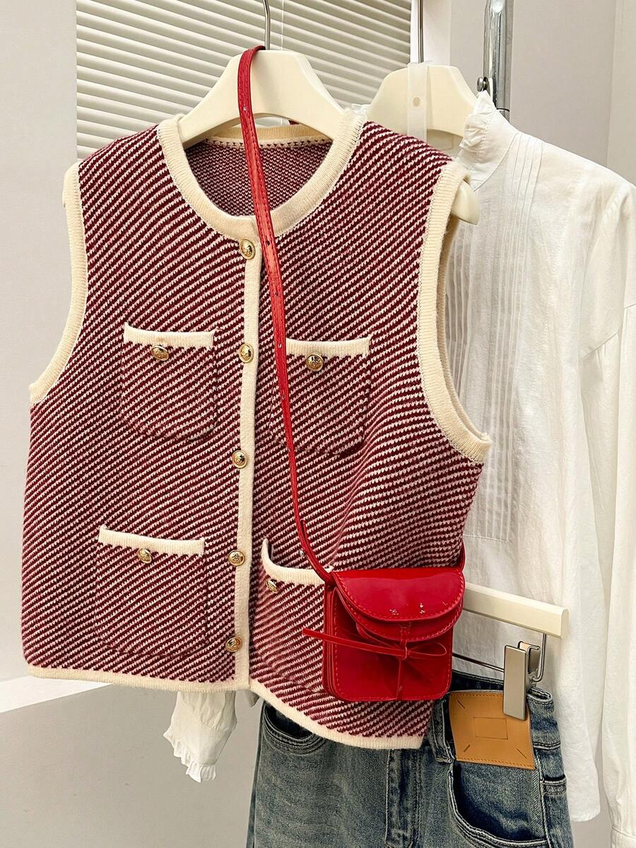 Alicedudu 女士秋冬优雅人字纹设计圆领开衫背心 - 紅白色 - 查看 1