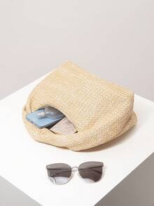 高级款式褶皱女士手提包、钩针套装、沙滩包、度假包、度假必需品、旅行必备品、优雅女士包（图案随机） - 卡其色 - 查看 6