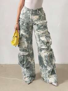 Vacation Outfits Women Black Crop Tank Top & Camo Print Multi-Pocket Cargo Pants Set, Summer Streetwear Co-Ord - 灰色 - 查看 5