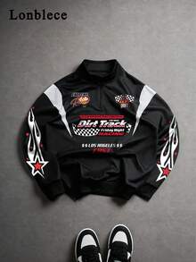 Lonblece 1pc Men's Quarter Zip Sweatshirt, Black & White Patchwork Racing Number Graphic Print, Casual Quarter Zip Pullover Sweatshirt , Fall, Long Sleeve Top - Black and White - View 2