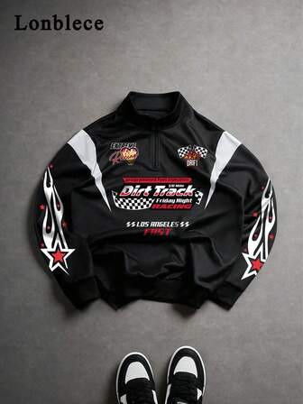 Lonblece 1pc Men's Quarter Zip Sweatshirt, Black & White Patchwork Racing Number Graphic Print, Casual Quarter Zip Pullover Sweatshirt , Fall, Long Sleeve Top