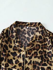 Leopard Print Women Long Sleeve Top & Pants Pajama Set, Fall Winter Clothes - Gold - View 2