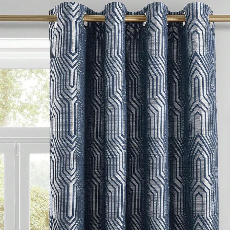 Beige And Black% Blackout Geometric Pattern Curtains, 52 Inch Wide 96 Inches Long 2 Panels, Thermal Insulated Noise Reducing Anti-Rust Grommet Drapes Bedroom Living Room,, Modern Style, Energy-Efficient - 靛藍色和銀色 - 查看 1