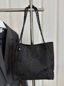 1pc Women's Fashion Commuter Large Capacity Printed Tote Bag, Suitable For Beach, Travel, Minimalist, Lightweight, Unique Woven Strap, Elegant Ribbon, Foldable - Black - View 11