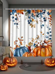 4pcs/1pc Autumn Harvest Pumpkin & Foliage Print Bathroom Curtain Set, Waterproof Shower Curtain With Hooks, Bathroom Non-Slip Mat, U-Shaped Toilet Mat, Toilet Seat Cover, Holiday Home Bathroom Decor Curtain Set