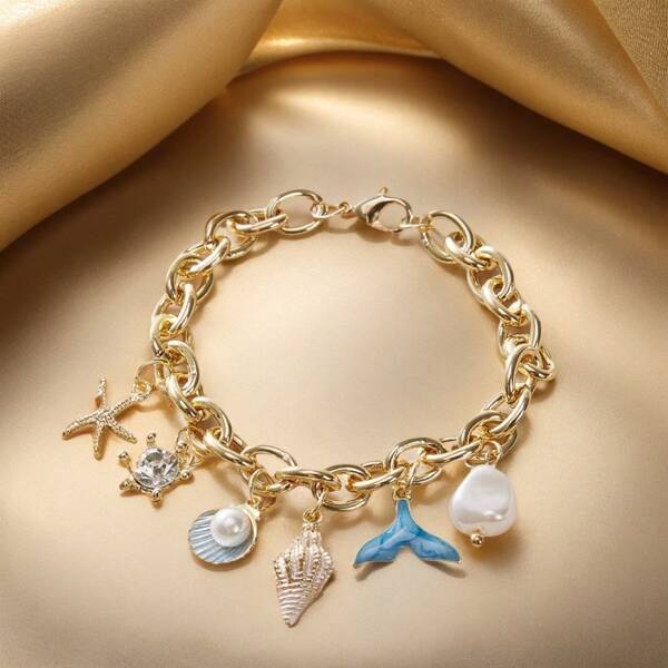 1 pièce Bracelet style resort de mode avec goutte d'huile bleue, coquillage et étoile de mer pour femme, élégant et doux, personnalisé, convient pour un port quotidien, vacances à la plage, océan, bord de mer