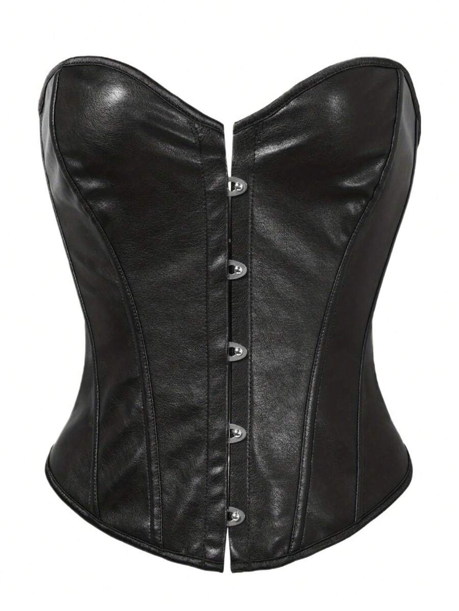 1 件女式系带紧身胸衣上衣，PU 无袖短款上衣，前开襟，腰部塑形，黑色肩部镂空设计，合身