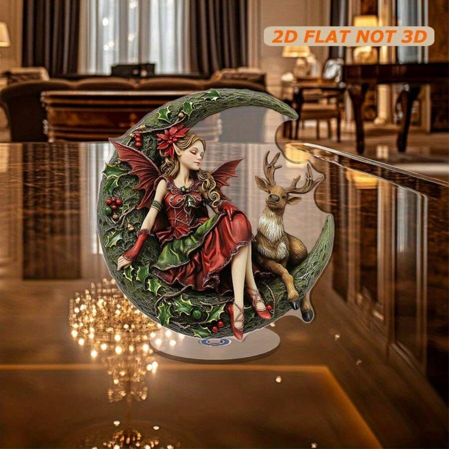2D Flat, 1pc Rotating Acrylic Decor - Christmas Elf On Crescent Moon With Wing, Reindeer And Holly Pattern Details, Vibrant Colors, For Holiday Display, Festive Gatherings, All Season Home Decor (Bedroom, Kitchen, Living Room)