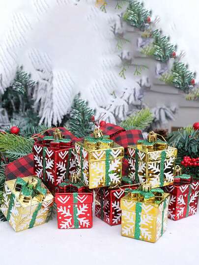 4pcs Christmas Painting Gift Box Christmas Tree Decoration Pendant Showcase Shopping Mall Decoration Pendant