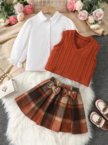 3pcs Girls Outfit (White Long Sleeve Shirt + Vest + Skirt), Bow Decor, Preppy Style, Versatile For Spring, Autumn, Winter, Back To School Season
