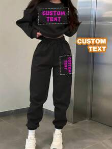 Customize Personalized Gifts With Unique Design, Add Your Own Text And Images (Badge Pattern/Company Logo/Family Photo/Selfie/Pet), Personalized Sweatshirt And Sweatpants Two Pieces Set - Black - View 1