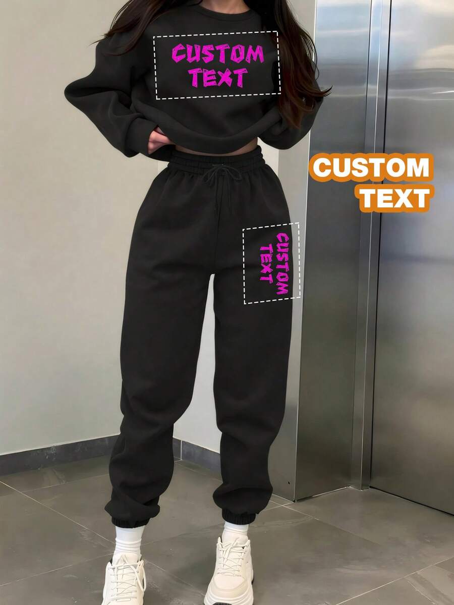 Customize Personalized Gifts With Unique Design, Add Your Own Text And Images (Badge Pattern/Company Logo/Family Photo/Selfie/Pet), Personalized Sweatshirt And Sweatpants Two Pieces Set - Black - View 1
