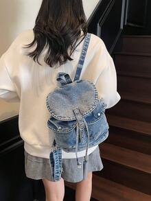 时尚牛仔背包，多功能休闲背包，适合旅行、上学和日常使用 - 藍色 - 查看 5