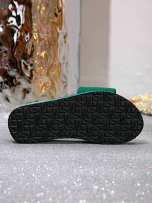Women's Thick Sole Wedge Strap Slippers, Rainbow Thong Sandals, Rainbow Sole Beach Sandals, Comfortable Foam Bottom Sandals, Solid Color Beach Slippers, Casual Holiday Beach Sandals, Fashionable Ruffle/Frill Edge Sandals, Suitable For Office, Party, Home, Outdoor, Spring/Summer/Autumn - Green - View 6