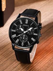 SOKI SOKI 1块男士时尚圆形石英表，PU表带，适合日常佩戴、生日派对、节日聚会、自用或送礼，不含礼盒。 - 黑色 - 查看 6