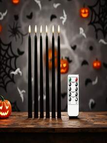 6 支无焰蜡烛套装，带遥控器和定时器功能 - 10.8 英寸模拟闪烁电池供电烛台，黑色塑料安全室内外装饰，适用于万圣节、圣诞节婚礼和节日装饰 | 闪烁的火焰效果 | 塑料蜡烛