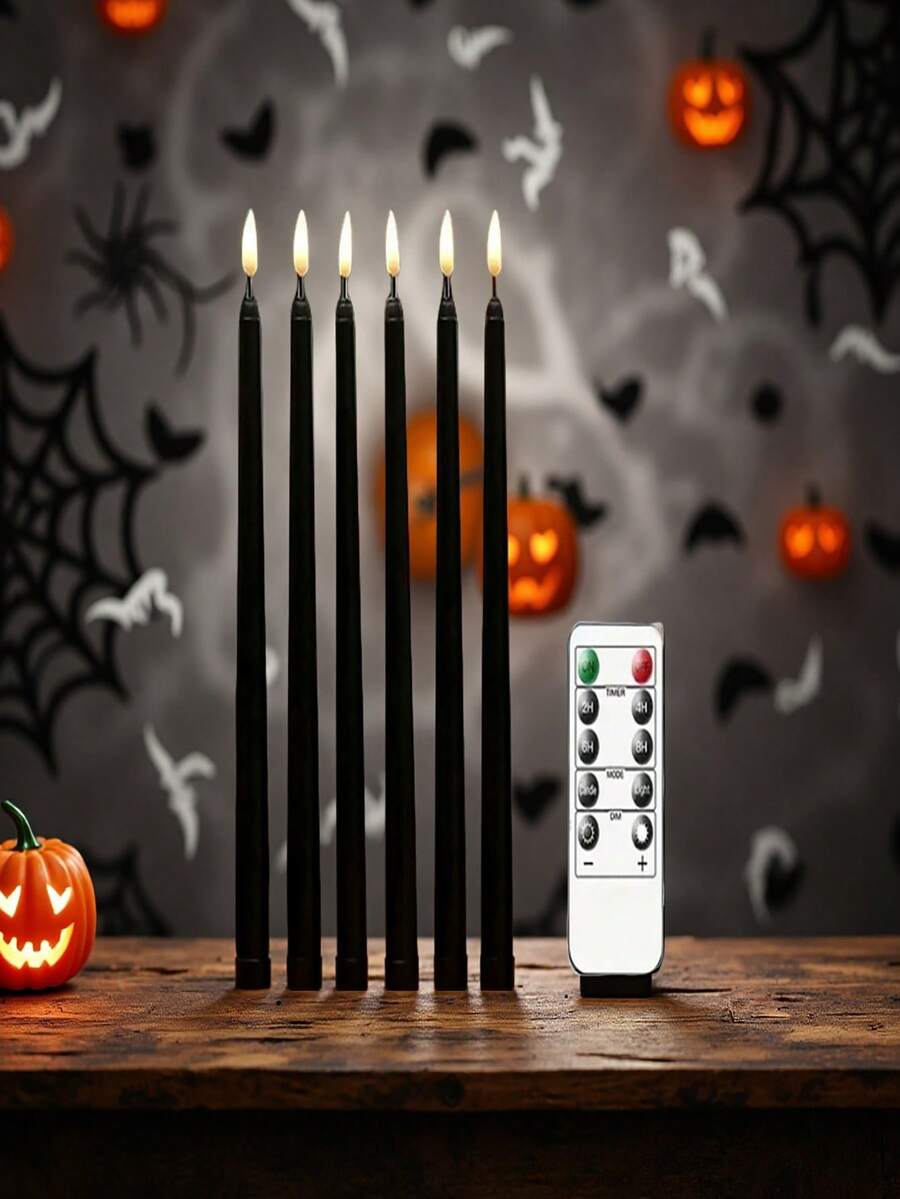 6 支无焰蜡烛套装，带遥控器和定时器功能 - 10.8 英寸模拟闪烁电池供电烛台，黑色塑料安全室内外装饰，适用于万圣节、圣诞节婚礼和节日装饰 | 闪烁的火焰效果 | 塑料蜡烛