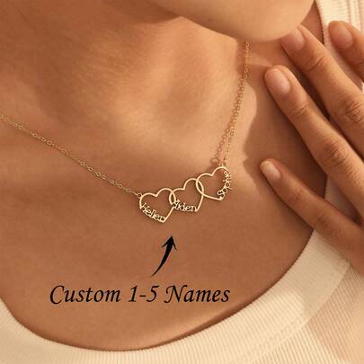 Custom 1-5 Names Family Heart Necklace, Heart Name Jewelry, Personalized Heart Charm, Gift For Daughter From Mom, Multiple Heart Necklace, Mothers Day Gift Mother's Day Gifts,Gold,Stylish,Colorful,Vintage,Simple,Unisex,Casual,Cuties,Delicate Romance
