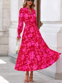 Women's Spring And Fall Clothes Floral Maxi Dress Fall Long Sleeve V Neck Casual A Line Long Flowy Boho Party Valentine Vacation Dresses - 玫紅色印花 - 查看 5