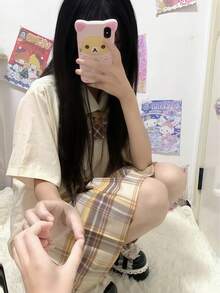 1pc Japanese Style JK Uniform Set, Apricot Loose Fit Babydoll Collar Short Sleeve Top + Plaid Pleated Skirt 2 Pieces Basic Student School Outfit - Apricot - View 4