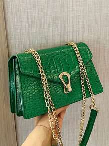 鳄鱼压纹绿色小方包，时尚百搭单肩斜挎包，简约梯形翻盖链条锁扣手提包