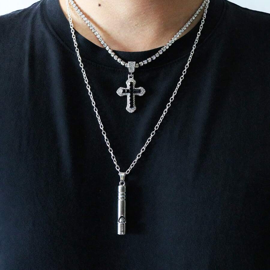 1 Pc Cross Rhinestone Pendant Choker Necklaces Fashion Hip Hop Rapper's Neck Jewelry Gift Zinc Alloy Whistle Pendant Outdoors Sounded Survive Tool Necklace Punk Jewelry