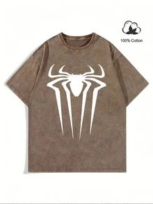 Spider Graphic Tees  Men Gifts Unisex 230g Heavy-Duty Cotton Retro Washed Short Sleeved T-Shirt With Casual Sports Style And Fashionable Street Style Suitable For Travel And Sports Wear - 咖啡棕 - 查看 2