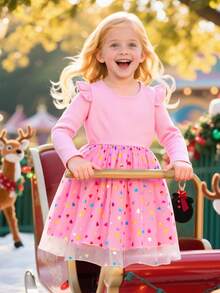 Kleine Mädchen Bunter Polka Punkt Mesh Trompetenärmel Rundhals Prinzessin Kleid, geeignet für Party, Outdoor, Alltag, Urlaub, Geschenk