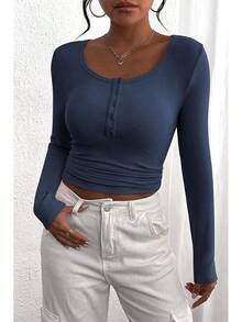 Women's 2026 Fall Long Sleeve Henley T Shirts Button Ribbed Knit Slim Fit Basic Tops Blouse Casual Outfits/Vacation Outfits Women/Valentine Outfits For Women - Màu xanh đậm - Xem 1