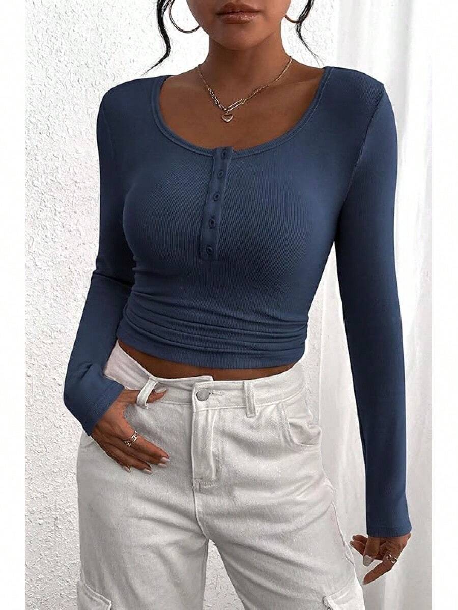 Women's 2026 Fall Long Sleeve Henley T Shirts Button Ribbed Knit Slim Fit Basic Tops Blouse Casual Outfits/Vacation Outfits Women/Valentine Outfits For Women - Màu xanh đậm - Xem 1