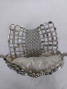 Metallic Glitter Beaded Mesh Mini Party Bag With Satin Pouch - Silver - View 4