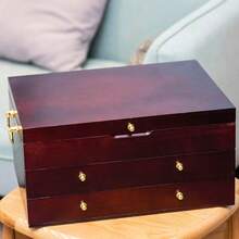 Wooden Silverware Chest without Silverware Threelayer Silverware Box Storage for Silver Silverware Case with Handle and Felt Lined Flatware Chest for 12 or 16 or more sets of Utensils - ブラウン - チェックする 5