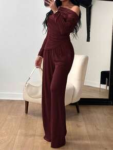 Set elegant pentru femei Vaiaye, top scurt cu mânecă lungă, culoare solidă, asortat cu pantaloni evazați casual, potrivit pentru ținute casual zilnice, ideal pentru femei de Crăciun, ziua de naștere, Anul Nou și alte ocazii