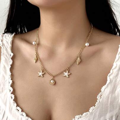 1pc Fashion Summer Versatile Beach Vacation Starfish, Seashell, Pearl Multi-Pendant Necklace For Women, Suitable For Daily And Holiday Wear